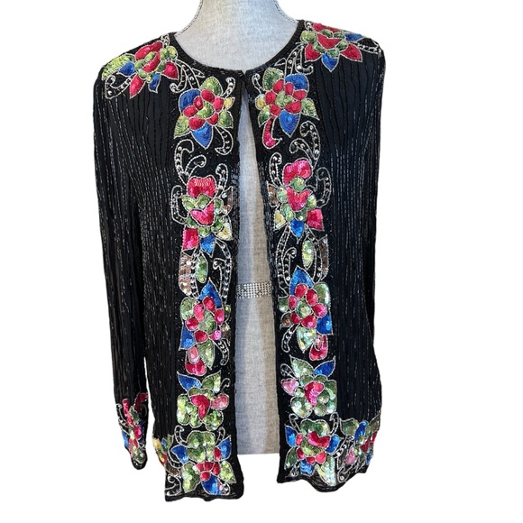 Sweelo Vintage Silk Sequin Beaded Jacket Party Holiday Evening Formal Black Tie